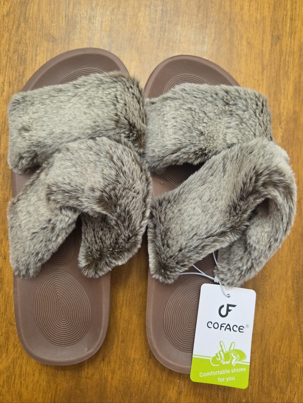 NWT- Coface Faux Fur Strap Slide Sandals in Taupe, Women's Size 8